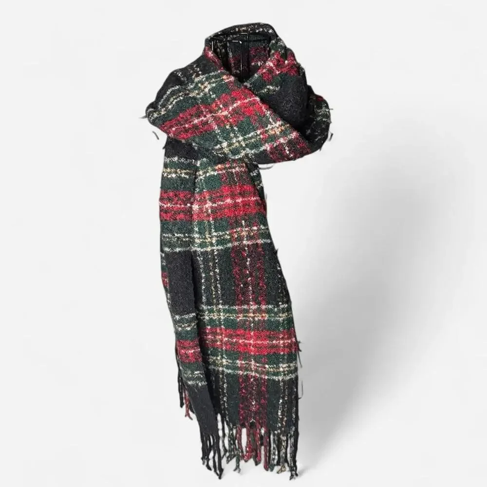Abercrombie & Fitch Tartan Plaid Blanket Scarf Black Red Green Fringe